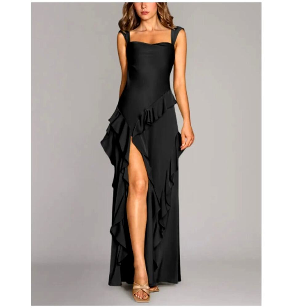 Azazie Black Ruffled High-Slit Mini Dress